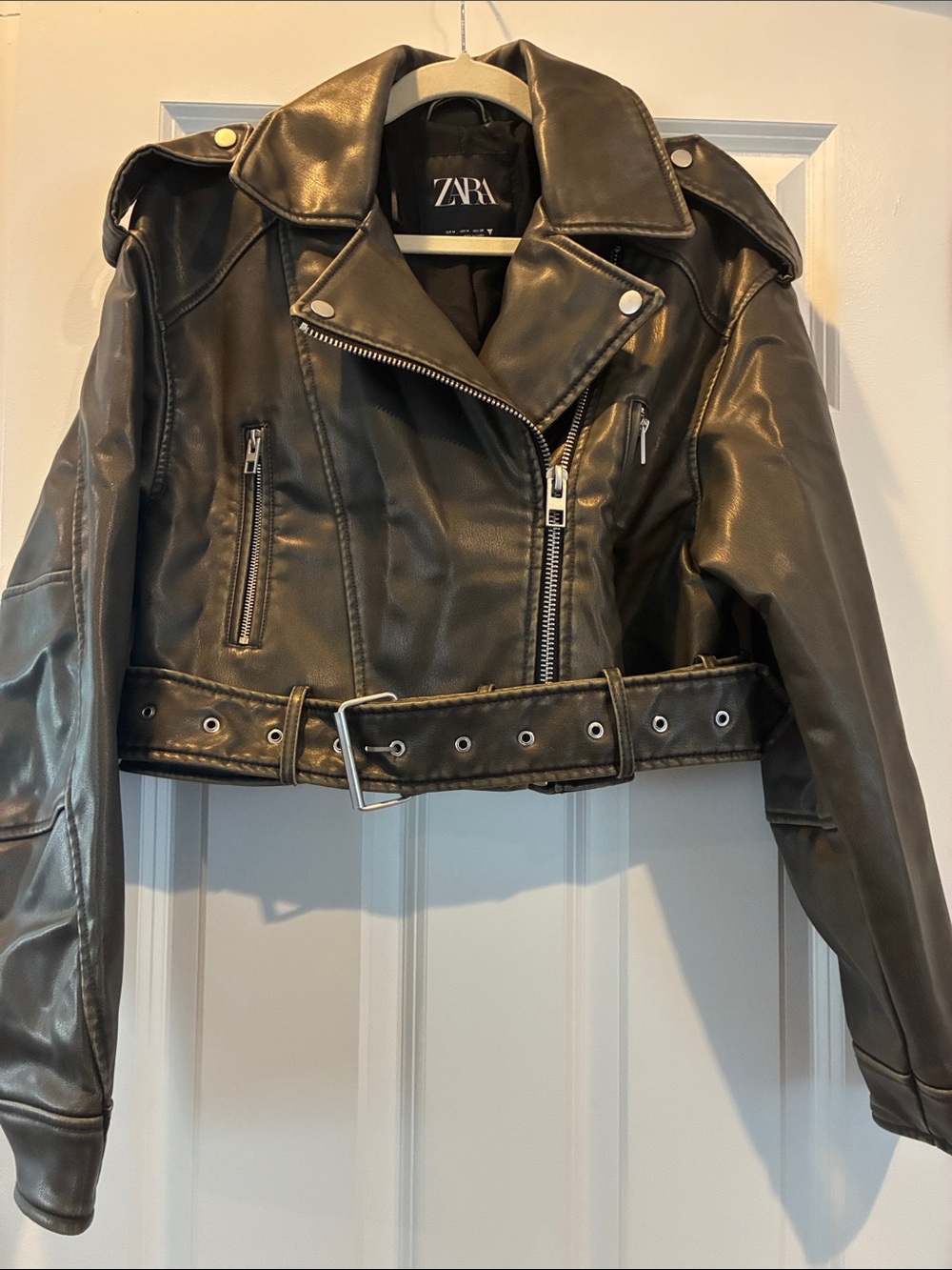 ZARA Dark Green Cropped Faux Leather Biker Jacket